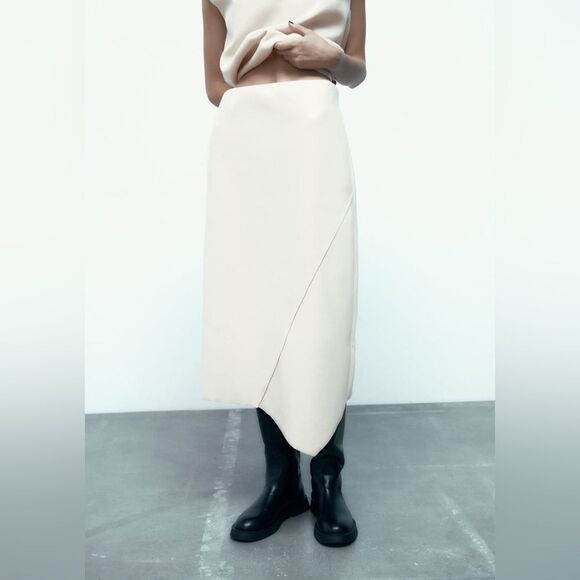 Zara Asymmetric Midi Skirt Ecru New Medium - Picture 6 of 8